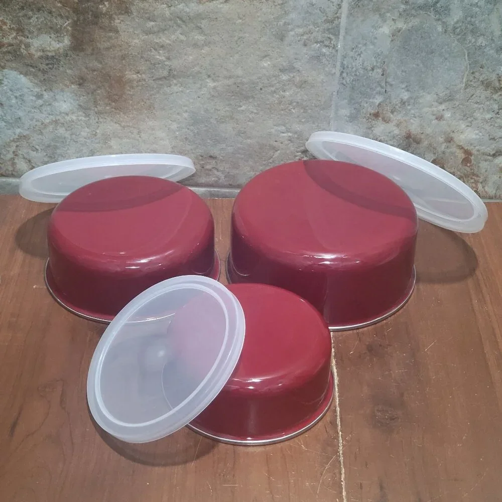 Stainless Steel Food Container Storage Red Mixing Bowl Set Nested 3 Serve Bowl S